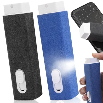 Compact 2-in-1 screen cleaner with integrated spray and microfiber wipe