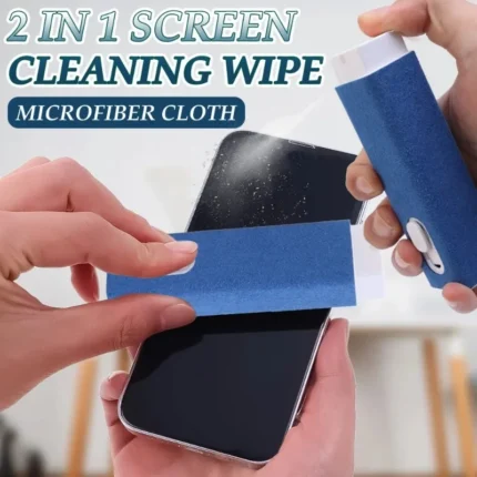 Compact 2-in-1 screen cleaner with integrated spray and microfiber wipe