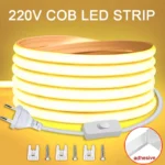 Flexible 220V COB LED Strip Light with switch and mounting kit