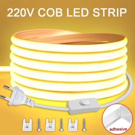 Flexible 220V COB LED Strip Light with switch and mounting kit