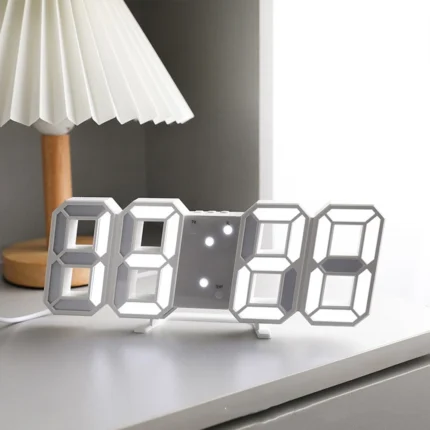 White 3D LED Digital Clock displaying 09:38 on a modern desk