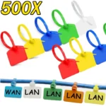 Multi-color self-locking writable cable ID tags for wire organization.