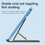 Adjustable foldable desktop phone stand for smartphones and tablets.