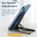 Adjustable foldable desktop phone stand for smartphones and tablets.
