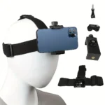 Smartphone POV head mount strap for hands-free vlogging and recording.