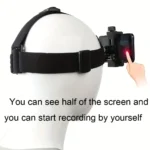 Smartphone POV head mount strap for hands-free vlogging and recording.