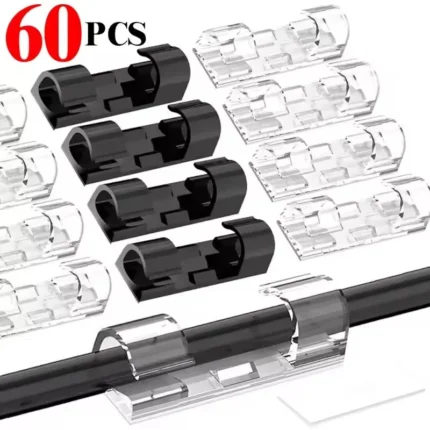Self-adhesive cable management clips for desk and wall wire organization.
