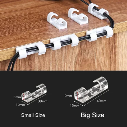Self-adhesive cable management clips for desk and wall wire organization.