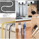 Self-adhesive cable management clips for desk and wall wire organization.