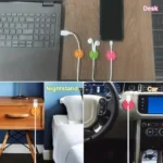 Multi-colored silicone adhesive cable management clips on a wooden desk.