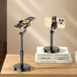 Adjustable desktop phone stand with stable base for overhead recording