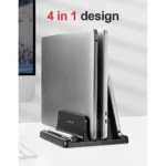 Adjustable vertical laptop stand holding MacBook and iPad upright