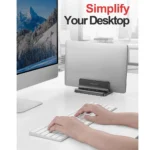 Adjustable vertical laptop stand holding MacBook and iPad upright
