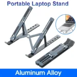 Adjustable aluminum portable laptop stand for ergonomic viewing and cooling.