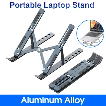 Adjustable aluminum portable laptop stand for ergonomic viewing and cooling.