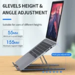 Adjustable aluminum portable laptop stand for ergonomic viewing and cooling.