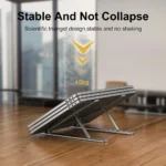 Adjustable aluminum portable laptop stand for ergonomic viewing and cooling.