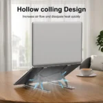 Adjustable aluminum portable laptop stand for ergonomic viewing and cooling.