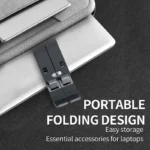 Adjustable aluminum portable laptop stand for ergonomic viewing and cooling.