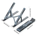Adjustable aluminum portable laptop stand for ergonomic viewing and cooling.