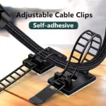 Self-adhesive adjustable cable clips for desk wire management