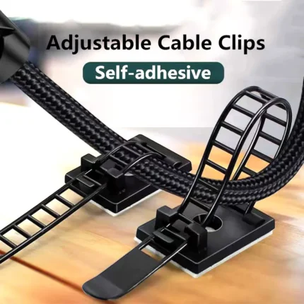 Self-adhesive adjustable cable clips for desk wire management