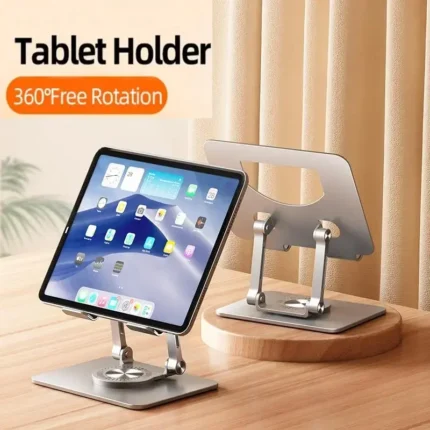 Adjustable aluminum tablet and phone stand with 360-degree swivel