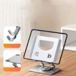 Adjustable aluminum tablet and phone stand with 360-degree swivel