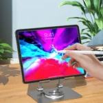 Adjustable aluminum tablet and phone stand with 360-degree swivel