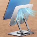 Adjustable aluminum tablet and phone stand with 360-degree swivel