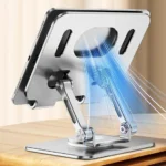 Adjustable metallic tablet phone stand with cooling fan