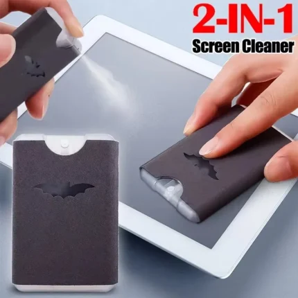 Compact 2-in-1 screen cleaner spray and wipe for electronics.