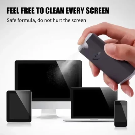 Compact 2-in-1 screen cleaner spray and wipe for electronics.