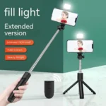 Portable phone tripod selfie stick with LED fill light and remote