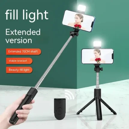 Portable phone tripod selfie stick with LED fill light and remote