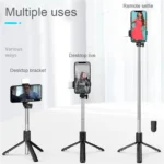 Portable phone tripod selfie stick with LED fill light and remote