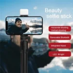 Portable phone tripod selfie stick with LED fill light and remote
