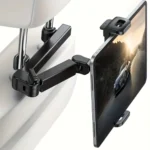 Adjustable car headrest tablet mount with extendable articulating arm.