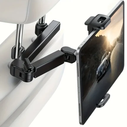 Adjustable car headrest tablet mount with extendable articulating arm.