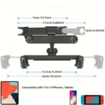 Adjustable car headrest tablet mount with extendable articulating arm.