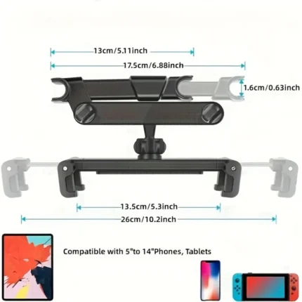 Adjustable car headrest tablet mount with extendable articulating arm.