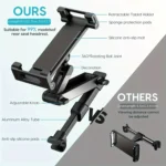 Adjustable car headrest tablet mount with extendable articulating arm.