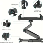 Adjustable car headrest tablet mount with extendable articulating arm.