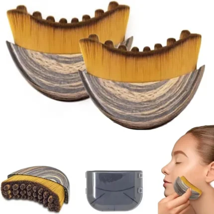 Crescent shaped ergonomic makeup brush for facial contouring and foundation.