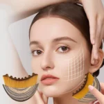 Crescent shaped ergonomic makeup brush for facial contouring and foundation.