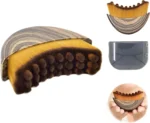 Crescent shaped ergonomic makeup brush for facial contouring and foundation.