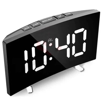 Curved LED mirror alarm clock with temperature and snooze function