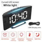 Curved LED mirror alarm clock with temperature and snooze function