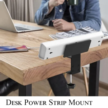 Desk power strip mount with USB, clamped to wooden desk