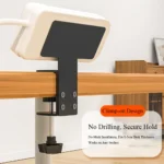 Desk power strip mount with USB, clamped to wooden desk